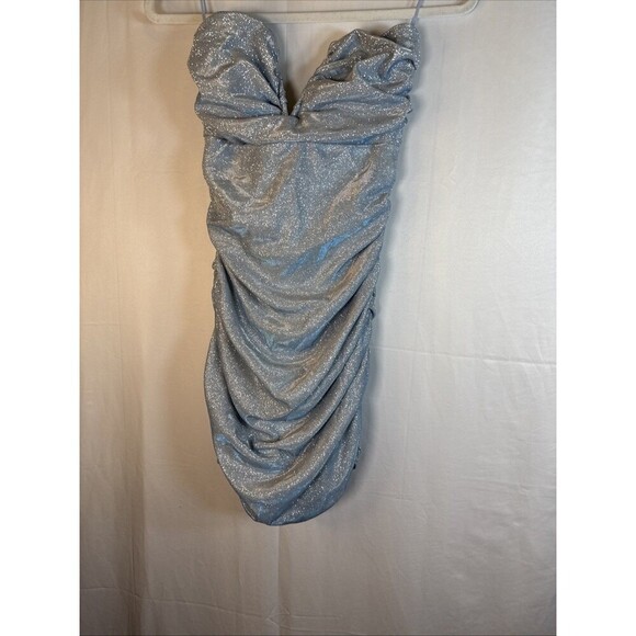Fashion Nova Strapless Blue Silver Ruched Dress Size Large Preowned - Picture 3 of 11